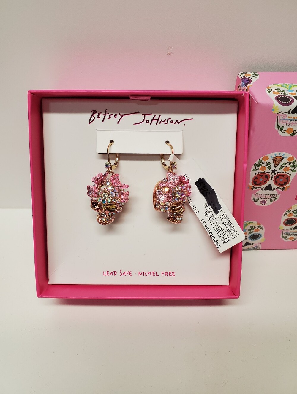 Betsey Johnson Gold Tone Chunky Sugar Skull Drop Earrings Butterfly Crystal